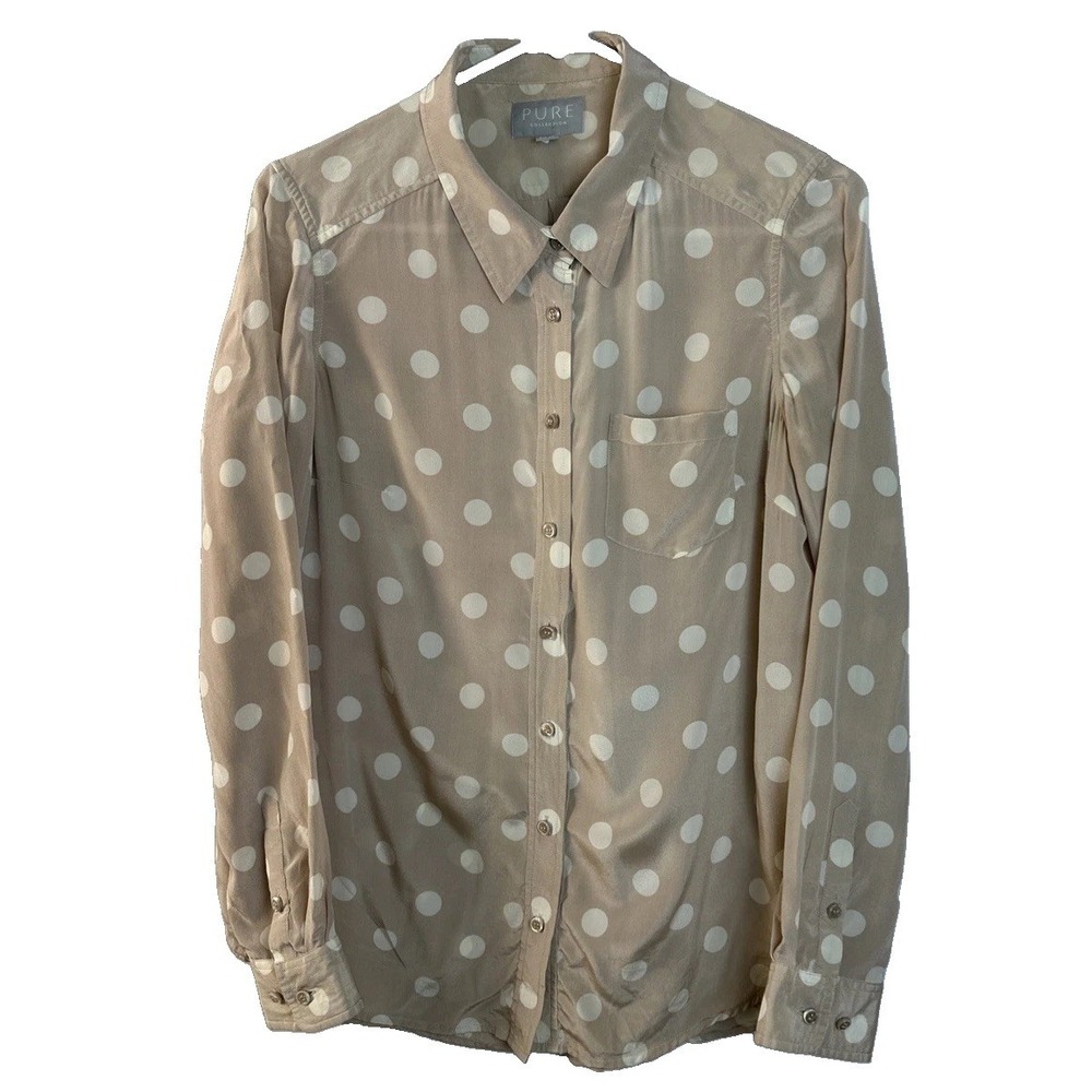 Pure Collection Beige & White Polka Dot Blouse Women's Sz US 6(EU 38) 100% Silk